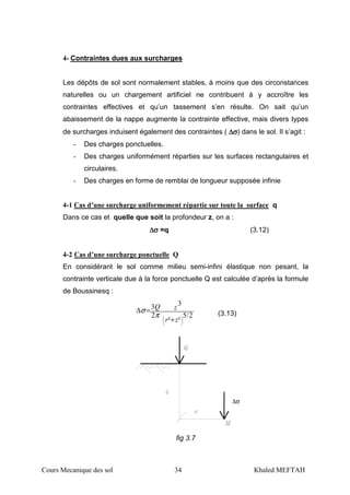 Cours Mecanique des sol 34 Khaled MEFTAH
4- Contraintes dues aux surcharges
Les dépôts de sol sont normalement stables, à moins que des circonstances
naturelles ou un chargement artificiel ne contribuent à y accroître les
contraintes effectives et qu’un tassement s’en résulte. On sait qu’un
abaissement de la nappe augmente la contrainte effective, mais divers types
de surcharges induisent également des contraintes ( ∆∆∆∆σσσσ) dans le sol. Il s’agit :
- Des charges ponctuelles.
- Des charges uniformément réparties sur les surfaces rectangulaires et
circulaires.
- Des charges en forme de remblai de longueur supposée infinie
4-1 Cas d’une surcharge uniformement répartie sur toute la surface q
Dans ce cas et quelle que soit la profondeur z, on a :
∆∆∆∆σσσσ =q (3.12)
4-2 Cas d’une surcharge ponctuelle Q
En considérant le sol comme milieu semi-infini élastique non pesant, la
contrainte verticale due à la force ponctuelle Q est calculée d’après la formule
de Boussinesq :
2/5
²²
3
.
2
3






+
=∆
zr
zQ
π
σ (3.13)
∆σ
fig 3.7
 