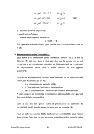 Cours Mecanique des sol 46 Khaled MEFTAH
( )[ ]zyx
E
x σσνσε +−=
'
1 xz
G
xz τγ .1=
( )[ ]zxy
E
y σσνσε +−=
'
1 yz
G
yz τγ .1= (4.2)
( )[ ]yxz
E
z σσνσε +−=
'
1 xy
G
xy τγ .1=
E : module d’élasticité longitudinal.
ν : coefficient de Poisson.
G : module de cisaillement transversal.
G = E/[2(1+ν)]
E et ν peuvent être déterminés à partir des résultats d’essais en laboratoire ou
in-situ.
3- Tassements des sols-Consolidation
Sous l’effet d’un chargement donné (fondation, remblai, etc..), le sol se
déforme. On sait que dans la plus part des cas, la surface du sol est
horizantale et les charges sont verticales; les déformations et par conséquent
les déplacements, seront dans la même direction. Ils sont appelés
tassements.
Pour un sol, les tassements résultent essentiellement de sa compressibilité
(diminution de volume) qui est dû :
- à la compression du squelette solide,
- à l’évacuation de l’eau contnu dans les vides,
- et à la compression de l’eau et de l’air contenus dans les vides.
A noter que pour les contraintes courantes l’eau et le squelette solide peuvent
être considérés incompressibles.
Dans le cas des sols grénus (sable et gravier ayant un coefficient de
perméabilité élevé), saturés ou non, le tassement est immédiat ∆∆∆∆hi.
Pour les sols fins saturés (faible coefficient de perméabilité), sous l’action
d’une charge, l’eau libre ne peut s’évacuer immédiatement et supporte toutes
 