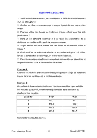 Cours Mecanique des sol 65 Khaled MEFTAH
QUESTIONS A DEBATTRE
1- Selon le critère de Coulomb, de quoi dépend la résistance au cisaillement
d’un sol à la rupture ?
2- Quelles sont les circonstances qui provoquent généralement une rupture
du sol ?
3- Pourquoi utilise-t-on l’angle de frottement interne effectif pour les sols
pulvérulents ?
4- Dans un sol cohérent, qu’arrive-t-il à la valeur des paramètres de la
résistance au cisaillement lorsqu’il n’y a aucun drainage.
5- A quoi servent les deux phases lors des essais de cisaillement direct et
triaxial ?
6- Quels sont les paramètres de résistance au cisaillement qu’on doit utiliser
lors de la construction d’un ouvrage, et lorsqu’il est en service.
7- Parmi les essais de cisaillement, on parle du scissomètre de laboratoire et
du pénétromètre à cône. Comment sont -ils réalisés?
Exercice 1
Chercher les relations entre les contraintes principales et l’angle de frottement
interne dans les conditions où la cohésion est nulle.
Exercice 2
On a effectué des essais de cisaillement direct sur un sable moyen. A l’aide
des résultats qui suivent, déterminer les paramètres de la résistance au
cisaillement de ce sable.
Essai N° σσσσ’rupt ττττrupt
1 67.3 57.1
2 118.6 99.2
3 170.2 150.7
4 231.8 194.7
Commenter les résultats trouvés.
 