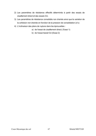 Cours Mecanique des sol 67 Khaled MEFTAH
2) Les paramètres de résistance effectifs déterminés à partir des essais de
cisaillement direct et des essais CU.
3) Les paramètres de résistance consolidés non drainés ainsi que la variation de
la cohésion non drainée en fonction de la pression de consolidation (σ’c)
4) L’inclinaison des plans de rupture dans les éprouvettes :
a) de l’essai de cisaillement direct.( Essai 1)
b) de l’essai tiaxial CU (Essai 2)
 