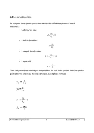 Cours Mecanique des sol 6 Khaled MEFTAH
2.3 Les paramètres d’état
Ils indiquent dans quelles proportions existent les différentes phases d’un sol.
On définit :
La teneur en eau :
100% x
sW
wW
=ω
L’indice des vides :
sV
vV
e=
Le degré de saturation :
100% x
vV
Vw
Sr =
La porosité :
V
Vv
=η
Tous ces paramètres ne sont pas indépendants. Ils sont reliés par des relations que l’on
peut retrouver à l’aide du modéle élémetaire. Exemple de formules :
ω
γ
γ += 1d
ed
s
+=1
γ
γ
1−=
d
se
γ
γ
e
Gs
rS ω
=
 