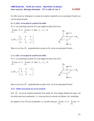 UMBB Boumerdès, Faculté des sciences, Département de physique
Cours exercices, Mécanique Rationnelle : TCT et LMD-ST sem :3
121
A.KADI
En effet, tout axe orthogonal à un plan de symétrie matérielle est axe principal d’inertie sur
tous les points du plan.
b) si (yOz) est un plan de symétrie du solide
P(+x) est symétrique du point P(-x) par rapport au plan (yOz) d’où :
∫∈
=
)(
0
SP
xzdm et donc∫∈
=
)(
0
SP
xydm 0== xyxz II
y
x
P(+x)
P(-x)
z
⎥
⎥
⎥
⎦
⎤
⎢
⎢
⎢
⎣
⎡
−
−=
zzyz
yzyy
xx
RO
II
II
I
SI
0
0
00
)( /
Dans ce cas l’axe perpendiculaire au plan (yOz) est un axe principal d’inertie .
→−
Ox
c) si (xOz) est un plan de symétrie du solide
P(+y) est symétrique du point P(-y) par rapport au plan (xOz) d’où :
∫∈
=
)(
0
SP
yzdm et donc∫∈
=
)(
0
SP
xydm 0== xyyz II
x
z
y
P(+y)
P(-y)
⎥
⎥
⎥
⎦
⎤
⎢
⎢
⎢
⎣
⎡
−
−
=
zzxz
yy
xzxx
RO
II
I
II
SI
0
0
0
)( /
Dans ce cas l’axe perpendiculaire au plan (xOz) est un axe principal d’inertie.
→−
Oy
5.2.4 Solides présentant un axe de symétrie
Soit un axe de symétrie matérielle d’un solide (S). Pour chaque élément de masse dm
du solide ayant une coordonnée (+x) nous pouvons lui associer un élément dm symétrique
→−
Ox
par rapport à l’axe Ox et de coordonnée (-x) de telle sorte que: et
→−
∫∈
=
)(
0
SP
xzdm ∫∈
=
)(
0
SP
xydm
 