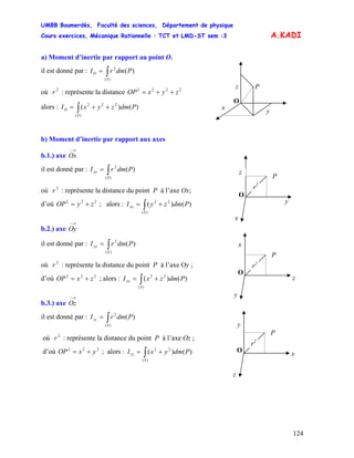 UMBB Boumerdès, Faculté des sciences, Département de physique
Cours exercices, Mécanique Rationnelle : TCT et LMD-ST sem :3
124
A.KADI
a) Moment d’inertie par rapport au point O.
z
y
O
P
x
il est donné par : ∫=
)(
2
)(
S
O PdmrI
où 2
r : représente la distance 2222
zyxOP ++=
alors : ∫ ++=
)(
222
)()(
S
O PdmzyxI
b) Moment d’inertie par rapport aux axes
b.1.) axe
→−
Ox
y
x
O
P
z
r2
il est donné par : ∫=
)(
2
)(
S
xx PdmrI
où 2
r : représente la distance du point P à l’axe Ox;
d’où ; alors :222
zyOP += ∫ +=
)(
22
)()(
S
xx PdmzyI
b.2.) axe
→−
Oy
y
x
O
P
z
r2
il est donné par : ∫=
)(
2
)(
S
yy PdmrI
où 2
r : représente la distance du point P à l’axe Oy ;
d’où ; alors :222
zxOP += ∫ +=
)(
22
)()(
S
xx PdmzxI
b.3.) axe
→−
Oz
il est donné par : ∫=
)(
2
)(
S
zz PdmrI
z
y
xO
P
r2
où 2
r : représente la distance du point P à l’axe Oz ;
d’où ; alors :222
yxOP += ∫ +=
)(
22
)()(
S
zz PdmyxI
 