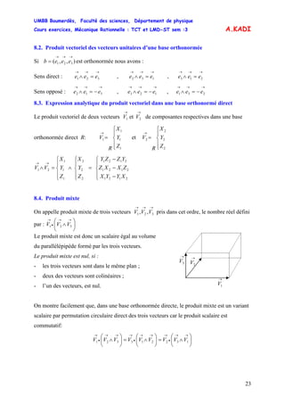 UMBB Boumerdès, Faculté des sciences, Département de physique
Cours exercices, Mécanique Rationnelle : TCT et LMD-ST sem :3
23
A.KADI
8.2. Produit vectoriel des vecteurs unitaires d’une base orthonormée
Si est orthonormée nous avons :),,( 321
→→→
= eeeb
Sens direct : e , e , e
→→→
=∧ 321 ee
→→→
=∧ 132 ee
→→→
=∧ 213 ee
Sens opposé : , e ,
→→→
−=∧ 312 eee
→→→
−=∧ 123 ee
→→→
−=∧ 231 eee
8.3. Expression analytique du produit vectoriel dans une base orthonormé direct
Le produit vectoriel de deux vecteurs de composantes respectives dans une base
orthonormée direct R:
→→
21 et VV
⎪
⎩
⎪
⎨
⎧
=
→
1
1
1
1
Z
Y
X
R
V et
⎪
⎩
⎪
⎨
⎧
=
→
2
2
2
2
Z
Y
X
R
V
⎪
⎩
⎪
⎨
⎧
−
−
−
=
⎪
⎩
⎪
⎨
⎧
∧
⎪
⎩
⎪
⎨
⎧
=∧
→→
2121
2121
2121
2
2
2
1
1
1
21
XYYX
ZXXZ
YZZY
Z
Y
X
Z
Y
X
VV
8.4. Produit mixte
On appelle produit mixte de trois vecteurs V pris dans cet ordre, le nombre réel défini
par : V
→→→
321 ,, VV
⎟
⎠
⎞
⎜
⎝
⎛
∧
→→
•
→
321 VV
Le produit mixte est donc un scalaire égal au volume
→
3V
→
1V
→
2V
du parallélépipède formé par les trois vecteurs.
Le produit mixte est nul, si :
- les trois vecteurs sont dans le même plan ;
- deux des vecteurs sont colinéaires ;
- l’un des vecteurs, est nul.
On montre facilement que, dans une base orthonormée directe, le produit mixte est un variant
scalaire par permutation circulaire direct des trois vecteurs car le produit scalaire est
commutatif:
⎟
⎠
⎞
⎜
⎝
⎛
∧=⎟
⎠
⎞
⎜
⎝
⎛
∧=⎟
⎠
⎞
⎜
⎝
⎛
∧
→→
•
→→→
•
→→→
•
→
132213321 VVVVVVVVV
 