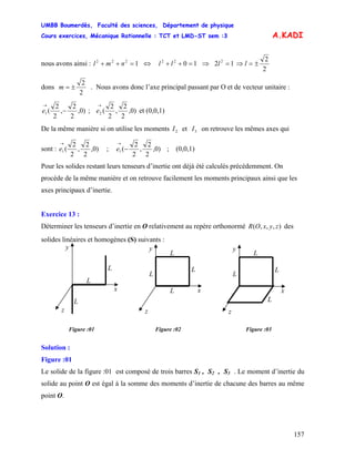 UMBB Boumerdès, Faculté des sciences, Département de physique
Cours exercices, Mécanique Rationnelle : TCT et LMD-ST sem :3
157
A.KADI
nous avons ainsi : l 1222
=++ nm ⇔ l ⇒1022
=++ l
2
2
12 2
±=⇒= ll
dons
2
2
±=m . Nous avons donc l’axe principal passant par O et de vecteur unitaire :
)0,
2
2
,
2
2
(1 −
→
e ; )0,
2
2
,
2
2
(2
→
e et (0,0,1)
De la même manière si on utilise les moments et on retrouve les mêmes axes qui
sont :
2I 3I
)0,
2
2
,
2
2
(1
→
e ; )0,
2
2
,
2
2
(1 −
→
e ; (0,0,1)
Pour les solides restant leurs tenseurs d’inertie ont déjà été calculés précédemment. On
procède de la même manière et on retrouve facilement les moments principaux ainsi que les
axes principaux d’inertie.
Exercice 13 :
Déterminer les tenseurs d’inertie en O relativement au repère orthonormé des
solides linéaires et homogènes (S) suivants :
),,,( zyxOR
L
L
y
x
z
L
L
L
L
y
x
z
L
Figure :01 Figure :02
L
L
L
L
y
x
z
L
Figure :03
Solution :
Figure :01
Le solide de la figure :01 est composé de trois barres S1 , S2 , S3 . Le moment d’inertie du
solide au point O est égal à la somme des moments d’inertie de chacune des barres au même
point O.
 