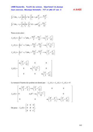 UMBB Boumerdès, Faculté des sciences, Département de physique
Cours exercices, Mécanique Rationnelle : TCT et LMD-ST sem :3
163
A.KADI
33
2
2
32/
2/
0
2
2/
2/
2
2 bm
c
b
adzdyydxdmy
c
cb
a
a
=== ∫∫∫∫ −−−
ρρ
1212
2
2
32/
2/
2
02/
2/
2
2 cmc
abdzzdydxdmz
c
cb
a
a
=== ∫∫∫∫ −−−
ρρ
Nous avons ainsi :
⎟⎟
⎠
⎞
⎜⎜
⎝
⎛
+=+=+= ∫ 123123
)()(
22
2
2
2
2
2
2
22
2
2
cb
m
cmbm
dmzySI
S
xx
⎟⎟
⎠
⎞
⎜⎜
⎝
⎛ +
=+=+= ∫ 121212
)()(
22
2
2
2
2
2
2
22
2
2
ca
m
cmam
dmzxSI
S
yy
⎟⎟
⎠
⎞
⎜⎜
⎝
⎛
+=+=+= ∫ 123312
)()(
22
2
2
2
2
2
2
22
2
2
ab
m
bmam
dmyxSI
S
zz
⎥
⎥
⎥
⎥
⎥
⎥
⎥
⎥
⎦
⎤
⎢
⎢
⎢
⎢
⎢
⎢
⎢
⎢
⎣
⎡
⎟⎟
⎠
⎞
⎜⎜
⎝
⎛
+
⎟⎟
⎠
⎞
⎜⎜
⎝
⎛ +
⎟⎟
⎠
⎞
⎜⎜
⎝
⎛
+
=
123
00
0
12
0
00
123
)(
22
2
22
2
22
2
1
ab
m
ca
m
cb
m
SIO
Le tenseur d’inertie du système est donné par : 0)()()( 111 === SISISI yzxzxy
⎥
⎥
⎥
⎥
⎥
⎥
⎥
⎦
⎤
⎢
⎢
⎢
⎢
⎢
⎢
⎢
⎣
⎡
⎟⎟
⎠
⎞
⎜⎜
⎝
⎛
++⎟⎟
⎠
⎞
⎜⎜
⎝
⎛
+
⎟⎟
⎠
⎞
⎜⎜
⎝
⎛ +
+
⎟⎟
⎠
⎞
⎜⎜
⎝
⎛
++⎟⎟
⎠
⎞
⎜⎜
⎝
⎛
+
=
12332
00
0
12
0
00
12332
)(
22
2
22
1
22
2
2
1
22
2
22
1
ab
m
hR
m
ca
mRm
cb
m
hR
m
SIO
On pose : .
⎥
⎥
⎥
⎦
⎤
⎢
⎢
⎢
⎣
⎡
=
C
B
A
SIO
00
00
00
)(
 