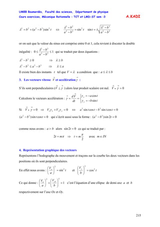 UMBB Boumerdès, Faculté des sciences, Département de physique
Cours exercices, Mécanique Rationnelle : TCT et LMD-ST sem :3
215
A.KADI
tbab 22222
sin)( −+=λ ⇔ t
ba
b 2
22
22
sin=
−
−λ
22
22
sin
ba
b
t
−
−
±=
λ
or on sait que la valeur du sinus est comprise entre 0 et 1, cela revient à discuter la double
inégalité : 10 22
22
≤
−
−
≤
ba
bλ
qui se traduit par deux équations :
022
≥− bλ ⇒ b≥λ
2222
bab −≤−λ ⇒ a≤λ
Il existe bien des instants t tel que λ=V a condition que : ba ≤≤ λ
3. Les vecteurs vitesse et accélération :
→
V
→
γ
S’ils sont perpendiculaires ( ) alors leur produit scalaire est nul.
→→
⊥ γV 0=
→
•
→
γV
Calculons le vecteurs accélération :
⎩
⎨
⎧
−=
−=
==
→
→
tb
ta
dt
Vd
y
x
sin
cos
γ
γ
γ
Si 0=
→
•
→
γV ⇒ 0=+ yyxx VV γγ ⇔ 0cossincossin 22
=− ttbtta
0cossin)( 22
=− ttba qui s’écrit aussi sous la forme : 02sin)( 22
=− tba
comme nous avons : alorsba f 02sin =t ce qui se traduit par :
πmt =2 ⇒
2
π
mt = avec INm∈
4. Représentation graphique des vecteurs
Représentons l’hodographe du mouvement et traçons sur la courbe les deux vecteurs dans les
positions où ils sont perpendiculaires.
En effet nous avons : t
a
Vx 2
2
sin=⎟
⎠
⎞
⎜
⎝
⎛
et t
b
Vy 2
2
cos=⎟⎟
⎠
⎞
⎜⎜
⎝
⎛
Ce qui donne : 1
22
=⎟⎟
⎠
⎞
⎜⎜
⎝
⎛
+⎟
⎠
⎞
⎜
⎝
⎛
b
V
a
V yxx
c’est l’équation d’une ellipse de demi axe a et b
respectivement sur l’axe Ox et Oy.
 