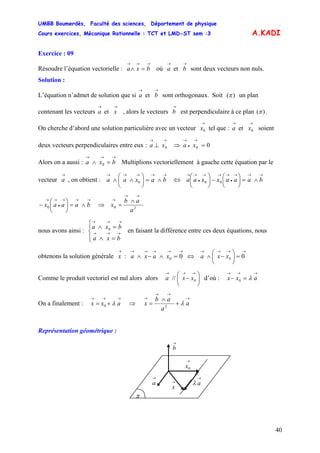 UMBB Boumerdès, Faculté des sciences, Département de physique
Cours exercices, Mécanique Rationnelle : TCT et LMD-ST sem :3
40
A.KADI
Exercice : 09
Résoudre l’équation vectorielle : où sont deux vecteurs non nuls.
→→→
=∧ bxa
→→
ba et
Solution :
L’équation n’admet de solution que si sont orthogonaux. Soit (
→→
ba et )π un plan
contenant les vecteurs , alors le vecteurs est perpendiculaire à ce plan
→→
xa et
→
b )(π .
On cherche d’abord une solution particulière avec un vecteur tel que : soient
deux vecteurs perpendiculaires entre eux :
→
0x
→→
0et xa
000 =⇒⊥
→
•
→→→
xaxa
Alors on a aussi : Multiplions vectoriellement à gauche cette équation par le
vecteur , on obtient :
0
→→→
=∧ bxa
→
a 0
→→→→→
∧=⎟
⎠
⎞
⎜
⎝
⎛
∧∧ baxaa ⇔ 00
→→→
•
→→→
•
→→
∧=⎟
⎠
⎞
⎜
⎝
⎛
−⎟
⎠
⎞
⎜
⎝
⎛
baaaxxaa
200
a
ab
xbaaax
→→
→→→→
•
→→ ∧
=⇒∧=⎟
⎠
⎞
⎜
⎝
⎛
−
nous avons ainsi : en faisant la différence entre ces deux équations, nous
⎪⎩
⎪
⎨
⎧
=∧
=∧
→→→
→→→
0
bxa
bxa
obtenons la solution générale :
→
x
→→→→→→→→→
=⎟
⎠
⎞
⎜
⎝
⎛
−∧⇔=∧−∧ 00 00 xxaxaxa
Comme le produit vectoriel est nul alors alors d’où :⎟
⎠
⎞
⎜
⎝
⎛
−
→→→
0// xxa 0
→→→
=− axx λ
On a finalement : ⇒0
→→→
+= axx λ 2
→
→→
→
+
∧
= a
a
ab
x λ
Représentation géométrique :
→
aλ
→
0x
→
b
→
a →
x
π
 