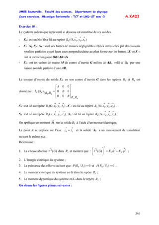 UMBB Boumerdès, Faculté des sciences, Département de physique
Cours exercices, Mécanique Rationnelle : TCT et LMD-ST sem :3
346
A.KADI
Exercice 10 :
Le système mécanique représenté ci dessous est constitué de six solides.
- S0 : est un bâti fixe lié au repère ),,,( 0000
→→→
zyxOR
- S1 , S2, S3 , S5 : sont des barres de masses négligeables reliées entres elles par des liaisons
rotoïdes parfaites ayant leurs axes perpendiculaire au plan formé par les barres ; S2 et S3 :
ont la même longueur OB=AB=2a
- S4 : est un volant de masse M de centre d’inertie G milieu de AB, relié à S3 par une
liaison rotoïde parfaite d’axe AB.
Le tenseur d’inertie du solide S4 en son centre d’inertie G dans les repères et est
donné par :
3R 4R
43
43
4
,00
00
00
,/
)(
RRB
B
A
RR
SIG
⎥
⎥
⎥
⎦
⎤
⎢
⎢
⎢
⎣
⎡
=
S1 : est lié au repère , S),,,( 1111
→→→
zyxOR 2 : est lié au repère ,),,,( 2222
→→→
zyxOR
S3 : est lié au repère , S),,,( 3333
→→→
zyxAR 4 : est lié au repère ,),,,( 4444
→→→
zyxGR
On applique un moment
→−
M sur le solide S1 à l’aide d’un moteur électrique.
Le point A se déplace sur l’axe et la solide S
→→
≡ 10 zz 5 a un mouvement de translation
suivant le même axe.
Déterminer :
1. La vitesse absolue dans et montrer que : ;)(0
GV
→
3R
••→
+=⎟⎟
⎠
⎞
⎜⎜
⎝
⎛ 2
2
2
1
2
0
)( ψθ KKGV
2. L’énergie cinétique du système ;
3. La puissance des efforts sachant que: 0)/(et0)/( 5010 == SRPSRP ;
4. Le moment cinétique du système en G dans le repère ;3R
5. Le moment dynamique du système en G dans le repère ;3R
On donne les figures planes suivantes :
 