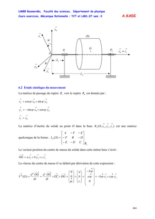 UMBB Boumerdès, Faculté des sciences, Département de physique
Cours exercices, Mécanique Rationnelle : TCT et LMD-ST sem :3
404
A.KADI
2P
a
→
0y
o
ψ
→
sx (S)
→
0x
→→
≡ szz0
→
sy
ψ
1P x
G
1L
2L
6.2 Etude cinétique du mouvement
La matrice de passage du repère vers le repère est donnée par :sR 0R
→→→
+= 00 sincos yxxs ψψ
→→→
+−= 00 cossin yxys ψψ
→→
= 0zzs
La matrice d’inertie du solide au point O dans la base est une matrice
quelconque de la forme :
),,,(
→→→
ssss zyxOR
s
O
RCDE
DBF
EFA
SI
⎥
⎥
⎥
⎦
⎤
⎢
⎢
⎢
⎣
⎡
−−
−−
−−
=)(
Le vecteur position du centre de masse du solide dans cette même base s’écrit :
→→→→−−
++= sss zcybxaOG
La vitesse du centre de masse G se déduit par dérivation de cette expression :
→•→••
•
•
→−−→
→−−→−−
→
+−=
⎟
⎟
⎟
⎟
⎟
⎠
⎞
⎜
⎜
⎜
⎜
⎜
⎝
⎛
−
=
⎟
⎟
⎟
⎠
⎞
⎜
⎜
⎜
⎝
⎛
∧
⎟
⎟
⎟
⎠
⎞
⎜
⎜
⎜
⎝
⎛
=∧Ω+== sss
s
yaxba
b
c
b
a
OG
dt
OGd
dt
OGd
GV ψψψ
ψ
ψ 0
0
0
)( 0
0
0
 