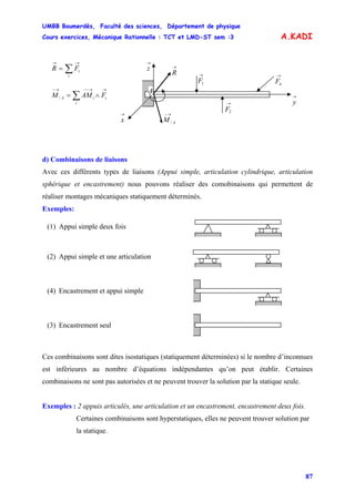 UMBB Boumerdès, Faculté des sciences, Département de physique
Cours exercices, Mécanique Rationnelle : TCT et LMD-ST sem :3
87
A.KADI
2
→
F
1
→
F
→
x
→
y
A
/
→−
AM
→
R →
nF
→
z∑
→→
=
i
iFR
∑
→→−−→−
∧=
i
iiA FAMM /
d) Combinaisons de liaisons
Avec ces différents types de liaisons (Appui simple, articulation cylindrique, articulation
sphérique et encastrement) nous pouvons réaliser des comobinaisons qui permettent de
réaliser montages mécaniques statiquement déterminés.
Exemples:
(1) Appui simple deux fois
(2) Appui simple et une articulation
(4) Encastrement et appui simple
(3) Encastrement seul
Ces combinaisons sont dites isostatiques (statiquement déterminées) si le nombre d’inconnues
est inférieures au nombre d’équations indépendantes qu’on peut établir. Certaines
combinaisons ne sont pas autorisées et ne peuvent trouver la solution par la statique seule.
Exemples : 2 appuis articulés, une articulation et un encastrement, encastrement deux fois.
Certaines combinaisons sont hyperstatiques, elles ne peuvent trouver solution par
la statique.
 