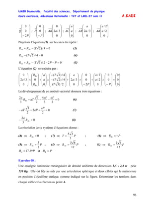 UMBB Boumerdès, Faculté des sciences, Département de physique
Cours exercices, Mécanique Rationnelle : TCT et LMD-ST sem :3
96
A.KADI
⎟
⎟
⎟
⎠
⎞
⎜
⎜
⎜
⎝
⎛
−
→
P
Q
2
0
0
; ; ; ; ;
⎟
⎟
⎟
⎠
⎞
⎜
⎜
⎜
⎝
⎛
−
→
P
P 0
0
⎟
⎟
⎟
⎠
⎞
⎜
⎜
⎜
⎝
⎛
→−
0
3/2
0
aAB
⎟
⎟
⎟
⎠
⎞
⎜
⎜
⎜
⎝
⎛
→−
0
a
a
AC
⎟
⎟
⎟
⎠
⎞
⎜
⎜
⎜
⎝
⎛
→−
0
3/2a
a
AB
⎟
⎟
⎟
⎠
⎞
⎜
⎜
⎜
⎝
⎛
→−
0
2/
2/
a
a
AB
Projetons l’équation (1) sur les axes du repère :
04/)2( =−+ TRR BxAx (3)
04/)2( =− TRAy (4)
022/)3( =−−−+ PPTRR BzAz (5)
L’équation (2) se traduira par :
⎟
⎟
⎟
⎠
⎞
⎜
⎜
⎜
⎝
⎛
=
⎟
⎟
⎟
⎠
⎞
⎜
⎜
⎜
⎝
⎛
−
∧
⎟
⎟
⎟
⎠
⎞
⎜
⎜
⎜
⎝
⎛
+
⎟
⎟
⎟
⎠
⎞
⎜
⎜
⎜
⎝
⎛
−
∧
⎟
⎟
⎟
⎠
⎞
⎜
⎜
⎜
⎝
⎛
+
⎟⎟
⎟
⎟
⎠
⎞
⎜⎜
⎜
⎜
⎝
⎛
−
−
∧
⎟
⎟
⎟
⎠
⎞
⎜
⎜
⎜
⎝
⎛
+
⎟
⎟
⎟
⎠
⎞
⎜
⎜
⎜
⎝
⎛
∧
⎟
⎟
⎟
⎠
⎞
⎜
⎜
⎜
⎝
⎛
0
0
0
0
0
0
2/
2/
2
0
0
0
3/2
2/)3(
4/)2(
4/)2(
0
0
0
3/2
0
P
a
a
P
a
a
T
T
T
a
a
R
R
a
Bz
Bx
Le développement de ce produit vectoriel donnera trois équations :
0
23
4
2
3
3
2
=−−+
aPaP
aTR
a
Bz (6)
0
2
2
2
3
=++−
aP
aPaT (7)
0
3
2
=− BxR
a
(8)
La résolution de ce système d’équations donne :
(8) ; (7) ⇒⇒ 0=BxR PT
3
35
= ; (6) ⇒ PRBz −=
(5) ⇒ PRAz
2
3
= ; (4) ⇒ PRAy
12
65
= ; (3) ⇒ PRAx
12
65
=
PRA 39,17= et PRB =
Exercice 08 :
Une enseigne lumineuse rectangulaire de densité uniforme de dimension 1,5 x 2,4 m pèse
120 Kg. Elle est liée au mûr par une articulation sphérique et deux câbles qui la maintienne
en position d’équilibre statique, comme indiqué sur la figure. Déterminer les tensions dans
chaque câble et la réaction au point A.
 