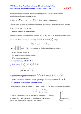 UMBB Boumerdès, Faculté des sciences, Département de physique
Cours exercices, Mécanique Rationnelle : TCT et LMD-ST sem :3
20
α β
A.KADI
Dans un ensemble de vecteurs linéairement indépendants, chaque vecteur est une
combinaison unique des autres vecteurs.
b) Soit W et U deux vecteurs indépendants:∑
→→
=
n
i
ii V ∑
→→
=
n
i
ii V
L’égalité entre les deux vecteurs indépendants est équivalente à n égalités entre les nombres
réels : Si W
→→
= V ⇔ ii βα =
7. Produit scalaire de deux vecteurs
On appelle produit scalaire de deux vecteurs V et V une loi de composition externe qui
associe aux deux vecteurs, un scalaire (nombre réel) noté : V tel que :
→
1
→
2
→
•
→
21 V
RVVRVV ∈⇒∈∀
→
•
→→→
21
3
2,1
)cos( 2,12121
→→→→→
•
→
= VVVVVV ; le résultat d’un produit scalaire est un scalaire.
Le produit scalaire est nul, si :
Les deux vecteurs sont orthogonaux ;
L’un des vecteurs est nul.
7.1 Propriétés du produit scalaire
a) linéarité : ⎜
⎛
2121
→
•
→
+
→
•
→→
•
→
+
→
=⎟
⎠
⎞
⎝
WVWVWVV
⎟
⎠
⎞
⎜
⎝
⎛
=
→
•
→→
•
⎟
⎟
⎟
⎠
⎞
⎜
⎜
⎜
⎝
⎛ →
WVWV λλ
b) symétrie par rapport aux vecteurs : V donc : V si V
→
•
→→
•
→
= VWW 0>
→
•
→
V
→→
≠ 0
Le produit scalaire est une forme linéaire symétrique associée aux vecteurs V et W .
→ →
7.2 Expression analytique du produit scalaire
Considérons une base b de l’espace 3
R notée : b . Cette base est orthonormée si :),,( 321
→→→
= eee
⎩
⎨
⎧
≠
=
=
→
•
→
jisi0
jisi1
ji ee
→
1e
→
2e
→
3e
La base b est dite directe si un observateur se plaçant à l’extrémité
du vecteur e verra le vecteur e tourner vers le vecteur
→
3
→
1
→
2e
dans le sens contraire des aiguilles d’une montre.
 