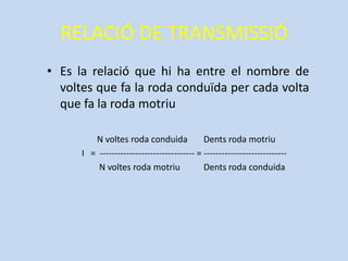 EXERCICIS ENGRANATGESUn mecanisme reductor de velocitats fa girar la roda motriu a 40 rpm i la roda conduïda a 30 rpm.Dibuixa el sistema i calcula la relació de transmissió
