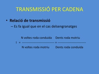 ELEMENTS AUXILIARS PER A LA TRANSMISSIÓSUPORTS: peces que sostenen en dos o més punts els eixos o els arbres de transmissió.BOIXES: s’encarreguen de facilitar el gir de l’arbre o eix acoblat a l’interiorCOIXINETS: formats per 2 anells concentrics entre els quals hi ha elements rodadors. Un anell va fixat al suport i l’altre a l’eix de transmissióXAVETES: peces que permeten fixar els elements de transmissió de moviment rotatori en un arbre o eix, alhora que en faciliten l’acoblament i la separacióLLENGUETES: Semblant a les xavetes però permeten el desplaçament longitudinal entre les peces que uneixen.