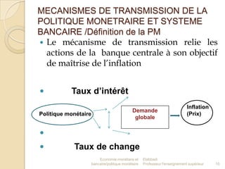 MECANISMES DE TRANSMISSION DE LA
POLITIQUE MONETRAIRE ET SYSTEME
BANCAIRE /Définition de la PM
 Le mécanisme de transmission relie les
actions de la banque centrale à son objectif
de maîtrise de l’inflation


Taux d’intérêt

Politique monétaire

Demande
globale

Inflation
(Prix)




Taux de change
Economie monétaire et
bancaire/politique monétaire

Elabbadi
Professeur l'enseignement supérieur

10

 