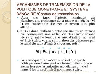 MECANISMES DE TRANSMISSION DE LA
POLITIQUE MONETRAIRE ET SYSTEME
BANCAIRE /Canaux de transmission

Avec des taux d’intérêt nominaux au
plancher, une croissance de la masse monétaire (M
↑) est susceptible d’élever le niveau des prix
attendu
(Pe ↑) et donc l’inflation anticipée (πe ↑), entraînant
par conséquent une réduction des taux d’intérêt
réels (r↓) même lorsque le taux d’intérêt nominal
est fixé à zéro, et une stimulation des dépenses par
le canal du taux d’intérêt ci-dessus, soit :


M ↑ Pe ↑ πe ↑ r ↓ I ↑ Y ↑


Par conséquent, ce mécanisme indique que la
politique monétaire peut continuer d’être efficace
même lorsque les autorités monétaires ont déjà
ramené les taux Economie monétaire et Elabbadi à zéro.
d’intérêt nominaux
bancaire/politique monétaire

Professeur l'enseignement supérieur

18

 