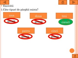  Exercitii
1.Câte tipuri de pârghii exista?

       una                   doua             trei
     gresit                 gresit            corect

                  patru              cinci
                 gresit              gresit
 