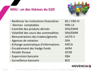29/09/2014 
Groupe NOVENCIA - 25 Rue de Maubeuge 75009 PARIS - Tél. : 01 44 63 53 13 - Fax : 01 44 63 53 14 - www.novencia.com - contact@novencia.com 
9 
MSU : un des thèmes du G20 
- Renforcer les institutions financières 
B3 / CRD IV 
- Normes comptables 
IFRS 13 
- Contrôle des produits dérivés 
DFA/EMIR 
- Volatilité des cours des commodities 
DFA/EMIR 
- Rémunérations des traders/gérants 
UCITS V 
- Agences de notation 
DFA 
- Echange automatique d'informations 
FATCA 
- Encadrement des hedge funds 
AIFM 
- Paradis fiscaux 
OCDE 
- Supervision bancaire 
EBA 
- Surveillance bancaire 
BCE  