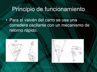 Principio de funcionamiento
• Para el vaivén del carro se usa una
corredera oscilante con un mecanismo de
retorno rápido.
 