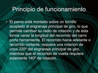 Principio de funcionamiento
• El perno está montado sobre un tornillo
acoplado al engranaje principal de giro, lo que
permite cambiar su radio de rotación y de ésta
forma variar la longitud del recorrido del carro
porta herramienta. El recorrido hacia adelante o
recorrido cortante, requiere una rotación de
unos 220º del engranaje principal de giro,
mientras que el recorrido de vuelta requiere
solamente 140º de rotación.
 