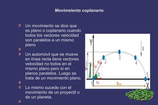 Movimeiento coplanario
➲ Un movimiento se dice que
es plano o coplanario cuando
todos los vectores velocidad
son paralelos a un mismo
plano
➲
➲ Un automóvil que se mueve
en línea recta tiene vectores
velocidad no todos en el
mismo plano pero sí en
planos paralelos. Luego se
trata de un movimiento plano.
➲
➲ Lo mismo sucede con el
movimiento de un proyectil o
de un planeta.
➲
 