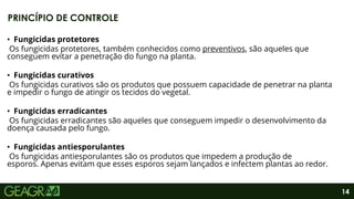 14
• Fungicidas protetores
Os fungicidas protetores, também conhecidos como preventivos, são aqueles que
conseguem evitar a penetração do fungo na planta.
• Fungicidas curativos
Os fungicidas curativos são os produtos que possuem capacidade de penetrar na planta
e impedir o fungo de atingir os tecidos do vegetal.
• Fungicidas erradicantes
Os fungicidas erradicantes são aqueles que conseguem impedir o desenvolvimento da
doença causada pelo fungo.
• Fungicidas antiesporulantes
Os fungicidas antiesporulantes são os produtos que impedem a produção de
esporos. Apenas evitam que esses esporos sejam lançados e infectem plantas ao redor.
PRINCÍPIO DE CONTROLE
 
