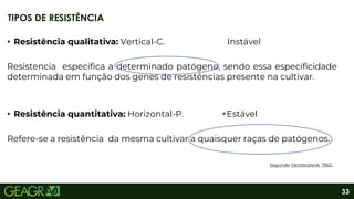 33
• Resistência qualitativa: Vertical-C. Instável
Resistencia especifica a determinado patógeno, sendo essa especificidade
determinada em função dos genes de resistências presente na cultivar.
• Resistência quantitativa: Horizontal-P. +Estável
Refere-se a resistência da mesma cultivar a quaisquer raças de patógenos.
Segundo Vanderplank, 1963.
TIPOS DE RESISTÊNCIA
 