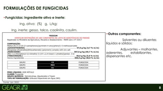 8
•Fungicidas: ingrediente ativo e inerte:
Ing. ativo: (%) g, L/kg;
Ing. inerte: gesso, talco, caolinita, caulim.
FORMULAÇÕES DE FUNGICIDAS
•Outros componentes:
Solventes ou diluentes
líquidos e sólidos;
Adjuvantes – molhantes,
aderentes, estabilizantes,
dispersantes etc.
Fonte: Upl, 2022.
 