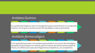 Antídoto Químico
Es cuando dos drogas se unen en el organismo para convertirse en un compuesto
inactivo, con lo que se anula la acción farmacológica y tóxica pertinente.
Antídoto farmacológico
Es la capacidad que tiene una sustancia para producir una acción farmacológica
opuesta a la que produce un veneno, pero sin actuar de manera directa sobre el
mismo. Se refiere a los casos de antagonismo competitivo y no competitivo.
 