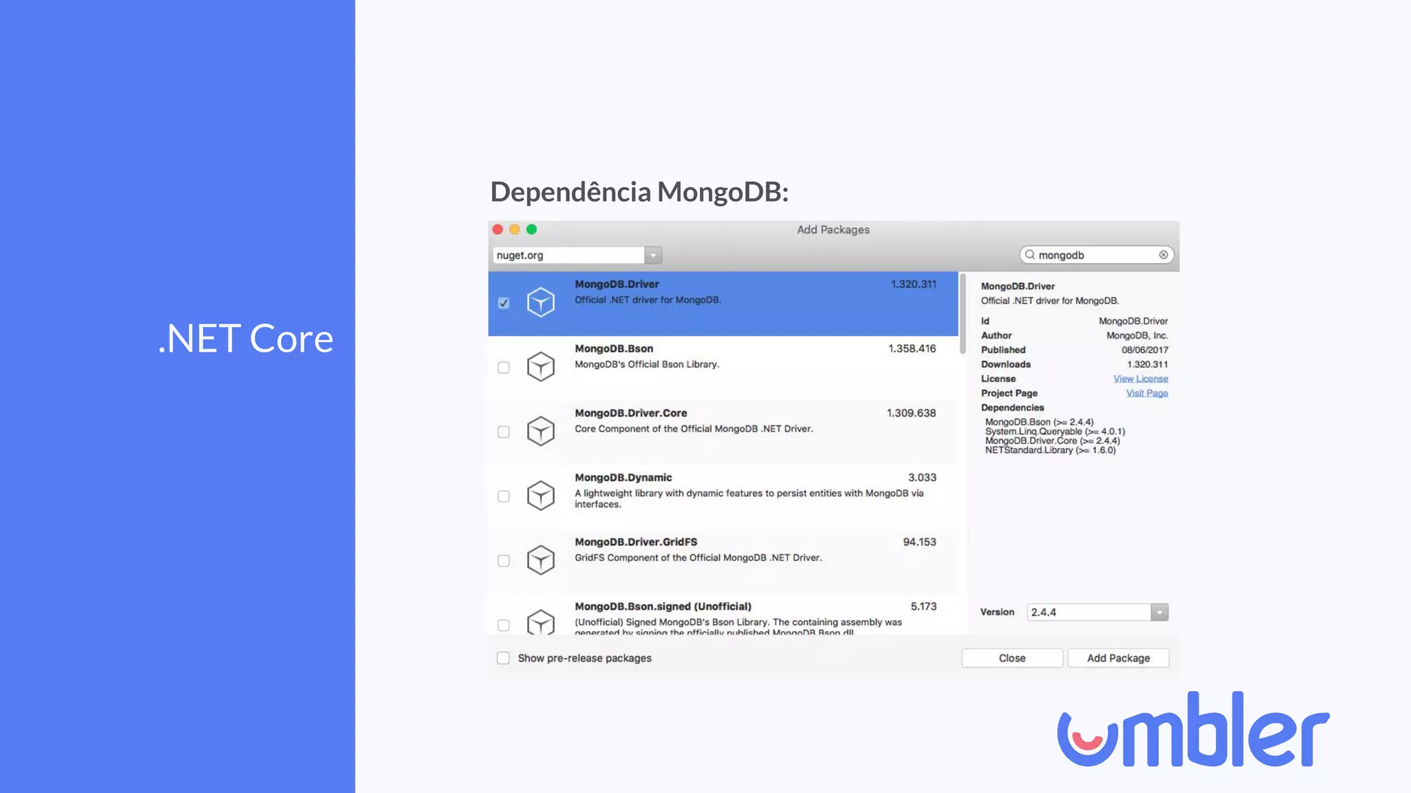 .NET Core
Dependência MongoDB:
 