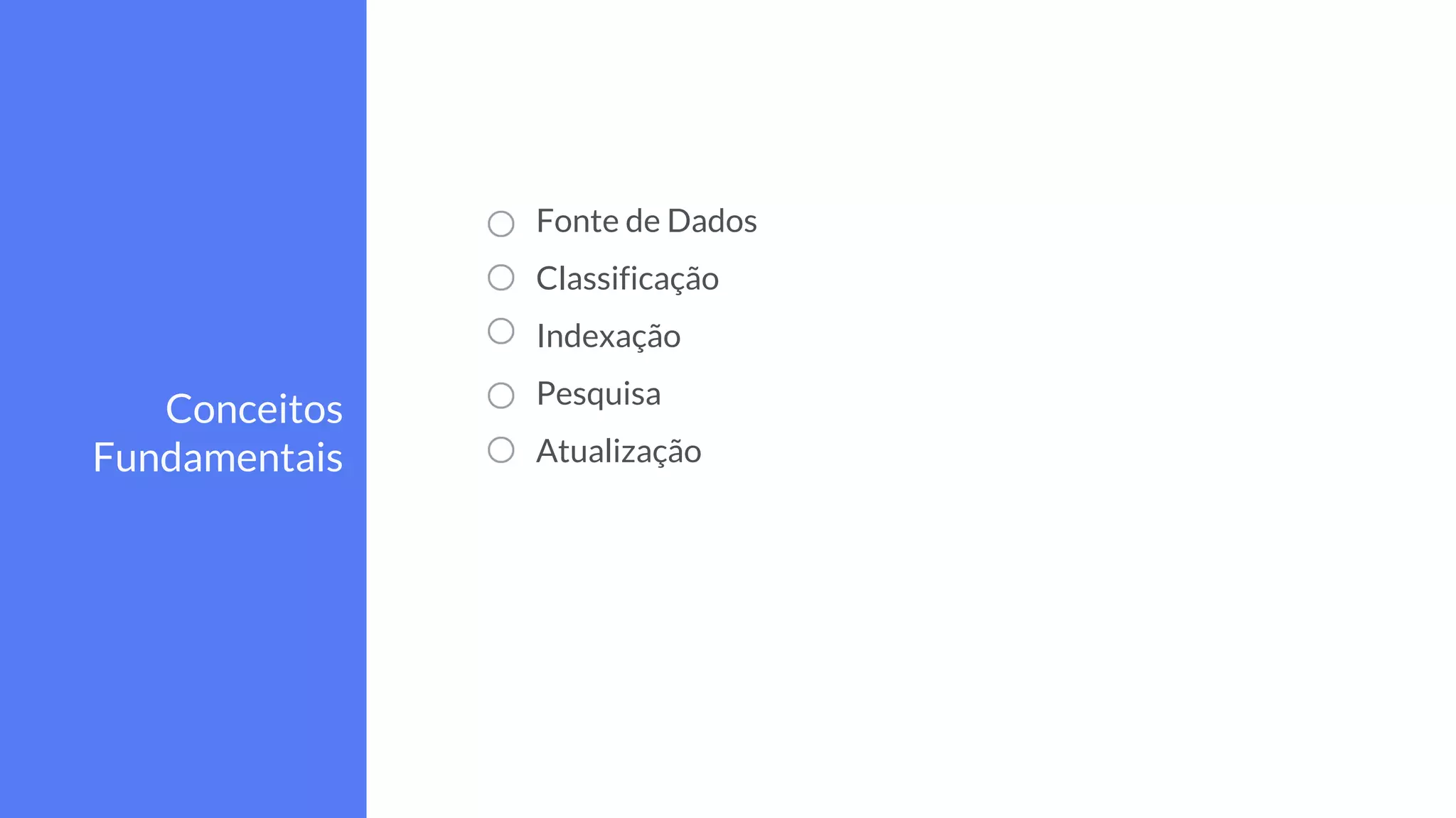 Fonte de Dados
Classificação
Indexação
Pesquisa
Atualização
Conceitos
Fundamentais
 
