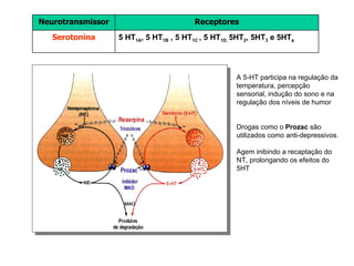 A 5-HT participa na regulação da temperatura, percepção sensorial, indução do sono e na regulação dos níveis de humor Drogas como o  Prozac  são utilizados como anti-depressivos. Agem inibindo a recaptaçâo do NT, prolongando os efeitos do 5HT Receptores Neurotransmissor 5 HT 1A , 5 HT 1B  , 5 HT 1C   , 5 HT 1D ,  5HT 2 , 5HT 3  e 5HT 4   Serotonina 