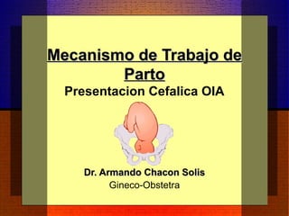 Mecanismo de Trabajo deMecanismo de Trabajo de
PartoParto
Presentacion Cefalica OIA
Dr. Armando Chacon SolisDr. Armando Chacon Solis
Gineco-Obstetra
 