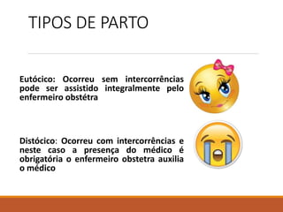 TIPOS DE PARTO
Eutócico: Ocorreu sem intercorrências
pode ser assistido integralmente pelo
enfermeiro obstétra
Distócico: Ocorreu com intercorrências e
neste caso a presença do médico é
obrigatória o enfermeiro obstetra auxilia
o médico
 