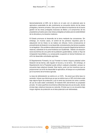 Nota Técnica Nº 12 11 / 2014
Mecanismo de Inversión Ambiental de Belice
Componenete 2 Mecanismos de Compensación
Programa REDD/CCAD-GIZ14
agricultura sustentable de alto rendimiento se encuentra dentro de las áreas
protegidas y terrenos privados. Esto pone de relieve la importancia de la buena
gestión de las áreas protegidas boscosas de Belice y el compromiso de los
propietarios privados para crear áreas protegidas privadas para la sostenibilidad
de la silvicultura y la industria maderera.
El Estado promueve el desarrollo de la tierra mediante las concesiones. Sin
embargo, en muchos casos, el control de los primeros requisitos para la
procedimiento de titulación no se desarrolla correctamente y las tierras ocupadas
no se legalizan. Otro problema relacionado es la ocupación ilegal de las tierras en
reservas, sobretodo en la zona fronteriza con Guatemala. Debido a la situación
inmigración hacia Belice y su consecuente ocupación en tierras fronterizas con
El Departamento Forestal y la Ley Forestal no tienen ninguna potestad sobre
titulación de las tierras, sólo regulan el recurso y no la tierra. Sin embargo, el
Departamento de la Propiedad puede atribuir cualquier propiedad, aunque se
encuentre bajo cobertura forestal. Este hecho, junto con los incentivos que se
La tasa de deforestación se estima en un 0,6%. Se prevé que dicha tasa no
aumente, incluso que disminuya ya que se estima que un 50% de la tierra está
de uso de suelo están controlados. El restante 50% del territorio es propiedad
el área bajo cobertura boscosa es reducida. El área que no se encuentra bajo
ningún régimen de protección es el área potencial a ser deforestada.
 