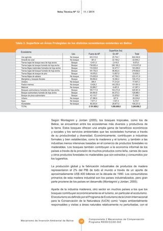 Nota Técnica Nº 12 11 / 2014
Mecanismo de Inversión Ambiental de Belice
Componenete 2 Mecanismos de Compensación
Programa REDD/CCAD-GIZ16
Tierras bajas del bosque húmedo de hoja ancha Bosque
TOTAL 2.191.809,2 1.056.889,0 3.248.698,3
Ecosistema
Uso En AP
Según Montagnini y Jordan (2005), los bosques tropicales, como los de
Belice, se encuentran entre los ecosistemas más diversos y productivos de
y sociales y los servicios ambientales que las sociedades humanas a través
de su productividad y diversidad. Económicamente, contribuyen a industrias
formales y bien establecidas, como la maderera y el turismo, y también a las
industrias menos intensivas basadas en el comercio de productos forestales no
los lugareños.
La producción global y la fabricación industriales de productos de madera
representaron el 2% del PIB de todo el mundo a través de un aporte de
bosques contribuyen económicamente es el turismo, en particular el ecoturismo.
para la Conservación de la Naturaleza (IUCN) como “viajes ambientalmente
responsables y visitas a áreas naturales relativamente no perturbadas, con el
Fuera de AP Total
 