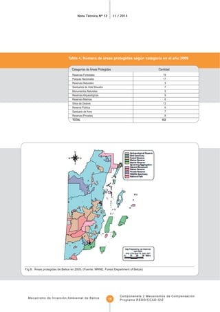 Nota Técnica Nº 12 11 / 2014
Mecanismo de Inversión Ambiental de Belice
Componenete 2 Mecanismos de Compensación
Programa REDD/CCAD-GIZ18
TOTAL 102
Categorías de Áreas Protegidas Cantidad
Fig 8. Áreas protegidas de Belice en 2005. (Fuente: MRNE. Forest Department of Belize)
 