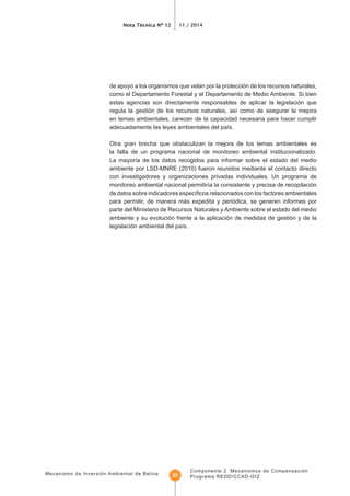 Mecanismo de Inversión Ambiental de Belice
Nota Técnica Nº 12 11 / 2014
Componente 2 Mecanismos de Compensación
Programa REDD/CCAD-GIZ23
de apoyo a los organismos que velan por la protección de los recursos naturales,
como el Departamento Forestal y el Departamento de Medio Ambiente. Si bien
estas agencias son directamente responsables de aplicar la legislación que
en temas ambientales, carecen de la capacidad necesaria para hacer cumplir
Otra gran brecha que obstaculizan la mejora de los temas ambientales es
la falta de un programa nacional de monitoreo ambiental institucionalizado.
ambiente por LSD-MNRE (2010) fueron reunidos mediante el contacto directo
con investigadores y organizaciones privadas individuales. Un programa de
para permitir, de manera más expedita y periódica, se generen informes por
parte del Ministerio de Recursos Naturales y Ambiente sobre el estado del medio
ambiente y su evolución frente a la aplicación de medidas de gestión y de la
 