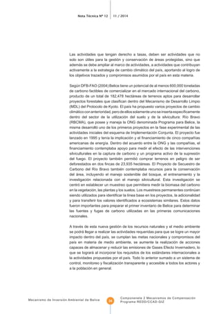 Nota Técnica Nº 12 11 / 2014
Mecanismo de Inversión Ambiental de Belice
Componenete 2 Mecanismos de Compensación
Programa REDD/CCAD-GIZ34
Las actividades que tengan derecho a tasas, deben ser actividades que no
solo son útiles para la gestión y conservación de áreas protegidas, sino que
además se debe ampliar al marco de actividades, a actividades que contribuyan
Según DFB-FAO (2004) Belice tiene un potencial de al menos 600,000 toneladas
de carbono factibles de comercializar en el mercado internacional del carbono,
producto de un total de 182,478 hectáreas de terrenos aptos para desarrollar
(RBCMA), que posee y maneja la ONG denominada Programa para Belice, la
misma desarrolló uno de los primeros proyectos en la fase experimental de las
actividades iniciales del esquema de Implementación Conjunta. El proyecto fue
silviculturales en la captura de carbono y un programa activo de la supresión
del fuego. El proyecto también permitió comprar terrenos en peligro de ser
del área, incluyendo el manejo sostenible del bosque, el entrenamiento y la
investigación relacionada con el manejo silvicultural. Esta investigación se
centró en establecer un muestreo que permitiera medir la biomasa del carbono
en la vegetación, las plantas y los suelos. Los muestreos permanentes continúan
fueron importantes para preparar el primer inventario de Belice para determinar
las fuentes y fugas de carbono utilizadas en las primeras comunicaciones
nacionales.
A través de esta nueva gestión de los recursos naturales y el medio ambiente
se podrá llegar a realizar las actividades requeridas para que se logre un mayor
capaces de almacenar y reducir las emisiones de Gases Efecto Invernadero, lo
que se logrará al incorporar los requisitos de los estándares internacionales a
a la población en general.
 
