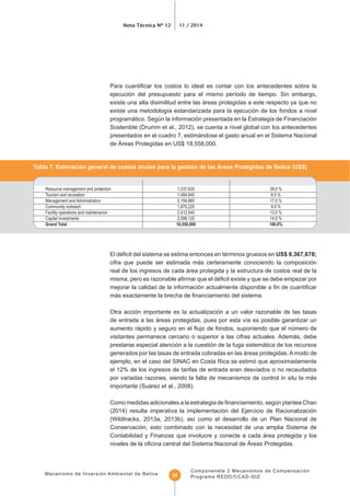 Nota Técnica Nº 12 11 / 2014
Mecanismo de Inversión Ambiental de Belice
Componenete 2 Mecanismos de Compensación
Programa REDD/CCAD-GIZ38
existe una alta disimilitud entre las áreas protegidas a este respecto ya que no
programático. Según la información presentada en la Estrategia de Financiación
Sostenible (Drumm et al., 2012), se cuenta a nivel global con los antecedentes
presentados en el cuadro 7, estimándose el gasto anual en el Sistema Nacional
Grand Total 18,558,000 100.0%
cifra que puede ser estimada más certeramente conociendo la composición
real de los ingresos de cada área protegida y la estructura de costos real de la
Otra acción importante es la actualización a un valor razonable de las tasas
visitantes permanece cercano o superior a las cifras actuales. Además, debe
prestarse especial atención a la cuestión de la fuga sistemática de los recursos
generados por las tasas de entrada cobradas en las áreas protegidas. A modo de
ejemplo, en el caso del SINAC en Costa Rica se estimó que aproximadamente
el 12% de los ingresos de tarifas de entrada eran desviados o no recaudados
por variadas razones, siendo la falta de mecanismos de control in situ la más
importante (Suárez et al., 2008).
(2014) resulta imperativa la implementación del Ejercicio de Racionalización
Conservación, esto combinado con la necesidad de una amplia Sistema de
Contabilidad y Finanzas que involucre y conecte a cada área protegida y los
 