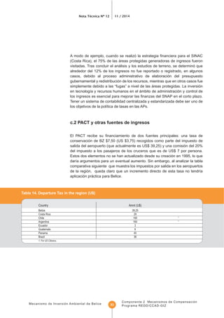 Mecanismo de Inversión Ambiental de Belice
Nota Técnica Nº 12 11 / 2014
Componente 2 Mecanismos de Compensación
Programa REDD/CCAD-GIZ53
(Costa Rica), el 75% de las áreas protegidas generadoras de ingresos fueron
visitadas. Tras concluir el análisis y los estudios de terreno, se determinó que
alrededor del 12% de los ingresos no fue reportado o registrado, en algunos
casos, debido al proceso administrativo de elaboración del presupuesto
gubernamental y redistribución de los recursos, mientras que en otros casos fue
simplemente debido a las “fugas” a nivel de las áreas protegidas. La inversión
Tener un sistema de contabilidad centralizada y estandarizada debe ser uno de
Estos dos elementos no se han actualizado desde su creación en 1995, lo que
comparativa siguiente que muestra los impuestos por salida en los aeropuertos
aplicación práctica para Belice.
Country Amnt (U$)
1. For US Citizens,
 