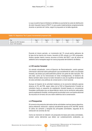 Nota Técnica Nº 12 11 / 2014
Mecanismo de Inversión Ambiental de Belice
Componenete 2 Mecanismos de Compensación
Programa REDD/CCAD-GIZ54
Source: IUCN calculations.
la tasa de los barcos de crucero, levando el 20% actual a un 25% propuesto.
c.3 El sector forestal
información adicional sobre participación que actualmente le cabe a la actividad
otro lado, como se ha mencionado en otras investigaciones, el Gobierno de
Belice también debe revisar la matriz forestal en aras de equilibrar el desarrollo
alcanza el 2% del PIB, según datos de la FAO el Departamento Forestal se
para la explotación forestal, contribuyendo la actividad como una fuente adicional
de recursos en el marco de una visión sistémica de la conservación.
c.4 Pesquerías
El comercio de productos derivados de las actividades marinas (pesca deportiva,
pesca artesanal, extracción, captura) actualmente aporta el 5% del PIB, siendo
el cultivo de camarón y langosta las principales actividades, seguidas de la
extracción de conchas de mar.
Como se mencionó en relación a la propuesta de tasas para estas actividades,
existen varios elementos que deben ser cuidadosamente analizados, ya
 