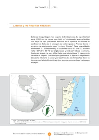 Nota Técnica Nº 12 11 / 2014
Mecanismo de Inversión Ambiental de Belice
Componenete 2 Mecanismos de Compensación
Programa REDD/CCAD-GIZ6
2. Belice y los Recursos Naturales
es de 22.965 km2
, de los que unos 1.000 km2
corresponden a pequeñas islas
era conocida anteriormente como “Honduras Británica”. Tiene una población
estimada en 317.928 habitantes y se ubica entre los 15° 52’ y 18° 30’ de latitud
norte y 87° 28’ y 89° 13’ de longitud oeste y limita con México en el norte,
de Belice es pequeña y depende principalmente de la agricultura de productos
Imagen: «Belize, administrative divisions es monochrome» de map: TUBS, labels: MacedonianBoy/Kaldari - Trabajo propio. Disponible bajo la licencia CC BY-SA 4.0
 