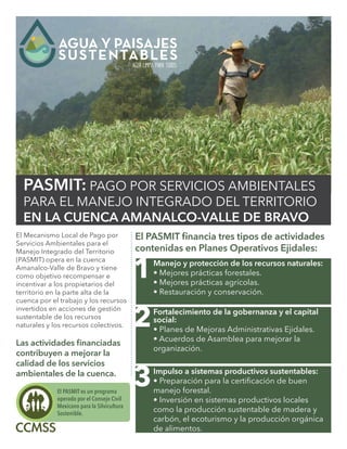 PASMIT: PAGO POR SERVICIOS AMBIENTALES
PARA EL MANEJO INTEGRADO DEL TERRITORIO
EN LA CUENCA AMANALCO-VALLE DE BRAVO
El Mecanismo Local de Pago por
Servicios Ambientales para el
Manejo Integrado del Territorio
(PASMIT) opera en la cuenca
Amanalco-Valle de Bravo y tiene
como objetivo recompensar e
incentivar a los propietarios del
territorio en la parte alta de la
cuenca por el trabajo y los recursos
invertidos en acciones de gestión
sustentable de los recursos
naturales y los recursos colectivos.
Las actividades ﬁnanciadas
contribuyen a mejorar la
calidad de los servicios
ambientales de la cuenca.
Manejo y protección de los recursos naturales:
• Mejores prácticas forestales.
• Mejores prácticas agrícolas.
• Restauración y conservación.
Fortalecimiento de la gobernanza y el capital
social:
• Planes de Mejoras Administrativas Ejidales.
• Acuerdos de Asamblea para mejorar la
organización.
Impulso a sistemas productivos sustentables:
• Preparación para la certificación de buen
manejo forestal.
• Inversión en sistemas productivos locales
como la producción sustentable de madera y
carbón, el ecoturismo y la producción orgánica
de alimentos.
1
2
3
El PASMIT ﬁnancia tres tipos de actividades
contenidas en Planes Operativos Ejidales:
El PASMIT es un programa
operado por el Consejo Civil
Mexicano para la Silvicultura
Sostenible.
 