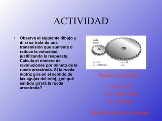 ACTIVIDAD Observa el siguiente dibujo y di si se trata de una transmisión que aumenta o reduce la velocidad, justificando la respuesta. Calcula el número de revoluciones por minuto de la rueda arrastrada. Si la rueda motriz gira en el sentido de las agujas del reloj, ¿en qué sentido girará la rueda arrastrada?   Reduce velocidad Sentido contrario a las agujas   z1/z2 = n2/n1 n2 = 14/56 x 4000 n2 = 1000 rpm 