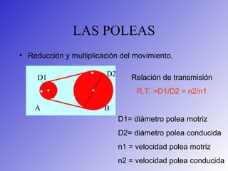 LAS POLEAS
• Reducción y multiplicación del movimiento.
A B
D1 D2 Relación de transmisión
R.T. =D1/D2 = n2/n1
D1= diámetro polea motriz
D2= diámetro polea conducida
n1 = velocidad polea motriz
n2 = velocidad polea conducida
 