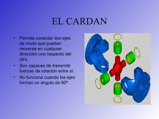 EL CARDAN
• Permite conectar dos ejes
de modo que puedan
moverse en cualquier
dirección uno respecto del
otro.
• Son capaces de transmitir
fuerzas de rotación entre sí.
• No funciona cuando los ejes
forman un ángulo de 90º
 