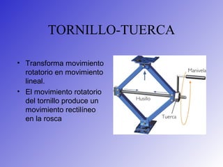 TORNILLO-TUERCA
• Transforma movimiento
rotatorio en movimiento
lineal.
• El movimiento rotatorio
del tornillo produce un
movimiento rectilíneo
en la rosca
 