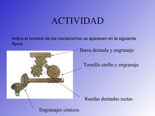 ACTIVIDAD
Indica el nombre de los mecanismos ue aparecen en la siguiente
figura
Barra dentada y engranaje
Tornillo sinfín y engranaje
Ruedas dentadas rectas
Engranajes cónicos
 
